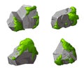 Set forest rock with moss. Gray stone brocken in cartoon. Mountain part of natural design shape. Vector illustration