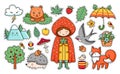 Set of forest stickers. Girl, mountain, umbrella, fox, bear, hedgehog, swallow, fly agaric, strawberry, acorn, spruce.