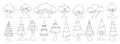 Set of forest trees of various interesting shapes, icons of sow, spruce, small and large trees. Black lines style vector