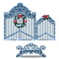 Set of forged metal elements of fence and gate covered with snow and decorated with wreath of fir branches with a red Royalty Free Stock Photo