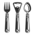 Set of fork, bottle opener and spoon isolated on white. Vector illustration for restaurant and bar or much more. Ready for your