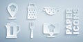 Set Fork, Kitchen colander, Electric kettle, Chef hat with location, Grater and icon. Vector