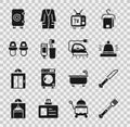 Set Fork, Knife, Hotel service bell, Retro tv, Toothbrush and toothpaste, slippers, Safe and Electric iron icon. Vector