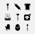 Set Fork, Rolling pin, Bread toast, Oven glove, Broken egg, Teaspoon, Bowl of hot soup and Kitchen hammer icon. Vector Royalty Free Stock Photo