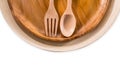 Set of fork,spoon and dish wood isolated over white Royalty Free Stock Photo