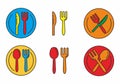 Set of fork and spoon icon with outline design, Fork, spoon, knife and plate vector illustration