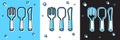 Set Fork, spoon and knife icon isolated on blue and white, black background. Cooking utensil. Cutlery sign. Vector Royalty Free Stock Photo