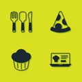 Set Fork, spoon and knife, Online ordering delivery, Cupcake and Slice of pizza icon. Vector Royalty Free Stock Photo