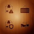 Set Forklift truck, Delivery security with shield, and Container on crane on wooden background. Vector