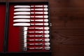 Set of forks and knifes in a case copy space Royalty Free Stock Photo