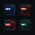 Set of format and extension of documents. PDF, DOC, PPT and XLS. File type. Isolated on black background. Royalty Free Stock Photo
