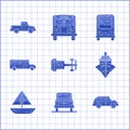 Set Formula race car, Car, Hatchback, Cargo ship, Yacht sailboat sailing, School Bus, and Pickup truck icon. Vector