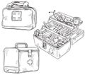 Set of forst aid kits, line art vector sketch