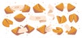 Set Fortune Cookies with Lucky Forecasting on Paper Pieces. Surprised Message inside of Bake. Chinese Traditional Food Royalty Free Stock Photo