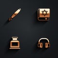 Set Fountain pen nib, Jewish torah book, Inkwell and Headphones icon with long shadow. Vector