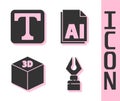Set Fountain pen nib, Text, Isometric cube and AI file document icon. Vector