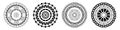 Set of four abstract symmetrical circular ornaments. Wheels. Rosettes of geometric elements. Tribal ethnic motif