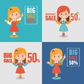 Set of four advertising shopping labels. Summer sale, big sale 50 percent.Banners seasonal discounts with character girl Royalty Free Stock Photo