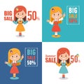 Set of four advertising shopping labels. Summer sale, big sale 50 percent.Banners seasonal discounts with character girl Royalty Free Stock Photo