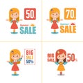 Set of four advertising shopping labels. Summer sale, big sale 50 percent.Banners seasonal discounts with character girl Royalty Free Stock Photo