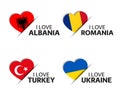 Set of four Albanian, Romanian, Turkish and Ukrainian heart shaped stickers. I love Albania, Romania, Turkey and Ukraine