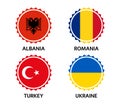 Set of four Albanian, Romanian, Turkish and Ukrainian stickers. Made in Albania, Made in Romania, Made in Turkey Royalty Free Stock Photo