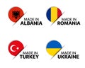 Set of four Albanian, Romanian, Turkish and Ukrainian stickers. Made in Albania, Made in Romania, Made in Turkey Royalty Free Stock Photo