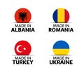 Set of four Albanian, Romanian, Turkish and Ukrainian stickers. Made in Albania, Made in Romania, Made in Turkey