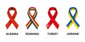 Set of four Albanian, Romanian, Turkish and Ukrainian stripe ribbons. Pray for Albania, Romania, Turkey and Ukraine