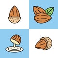 Set of Four Almond Icons Featuring Half Cut Dripping Almond Pair with Leaf Shell Royalty Free Stock Photo