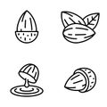 Set of Four Almond Outline Icons Featuring Half Cut Dripping Almond Pair with Leaf Shell Royalty Free Stock Photo