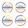 Set of four Andorran icons, English title Made in Andorra, premium quality stickers and symbols