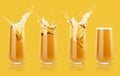 Set of four apple yellow cold juices in glass with reflection, calm and bright splashes, drops flying, swirl colorful yellow