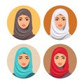 Set four Arab girls avatars in different traditional headdresses. Isolated. Vector. Young arab woman icons set girls portrait in Royalty Free Stock Photo