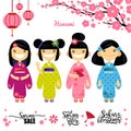Set of four Asian girl, Sakura, spring discounts. Elements for hanami festival, sakura blossom season. Vector