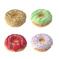 A set of four assorted doughnuts with colorful icing, swirls and sprinkles Royalty Free Stock Photo