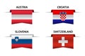 Set of four Austrian, Croatian, Slovenian and Swiss ribbons. Made in Austria, Made in Croatia, Made in Slovenia Royalty Free Stock Photo