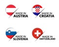 Set of four Austrian, Croatian, Slovenian and Swiss stickers. Made in Austria, Made in Croatia, Made in Slovenia Royalty Free Stock Photo