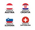 Set of four Austrian, Croatian, Slovenian and Swiss stickers. Made in Austria, Made in Croatia, Made in Slovenia Royalty Free Stock Photo