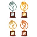 Set of four awards for winning the contest or competition isolated on white background. Award form of flower on pedestal