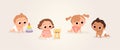 Set of 4 four babies crawling and sitting with teddy bear and happy smiling Royalty Free Stock Photo