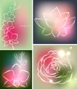 Set of four backgrounds or greeting cards with orchid, lotus and rose in beautiful colors