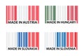 Set of four bar code symbols Made in Austria, Made in Hungary, Made in Slovakia and Made in Slovenia, simple icons