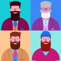 Set of four bearded happy hipsters isolated on pastel colors square backgrounds