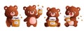 A set of four bears holding a jar of honey in their paws. Cute bear, friendly bees and honey in a glass container