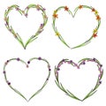 Set of four beautiful flower wreaths in the shape of a heart. Elegant flower collection with leaves and flowers. Royalty Free Stock Photo