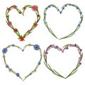 Set of four beautiful flower wreaths in the shape of a heart. Elegant flower collection with leaves and flowers. Royalty Free Stock Photo