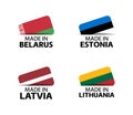 Set of four Belarussian, Estonian, Latvian and Lithuanian stickers. Made in Belarus, Made in Estonia, Made in Latvia