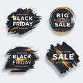 Set of four black brush strokes with flare. Black friday sale templates. Grunge abstract black rough brush strokes