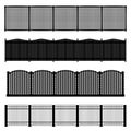 Set of four black fences isolated over white background, silhouette wooden fence set